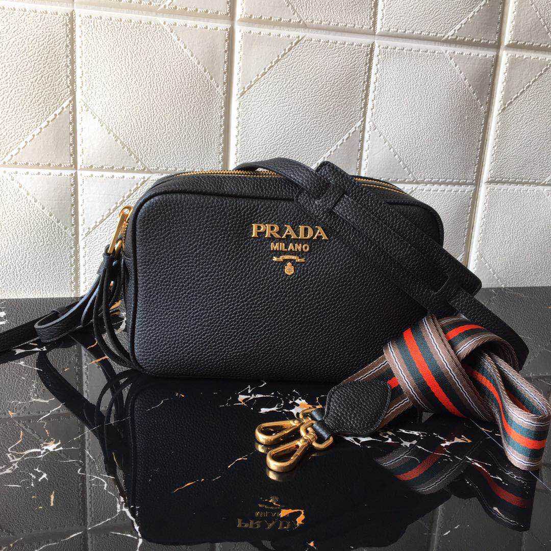 Prada Leather Shoulder Bag Handbag Tote Black/Gold 1BH082